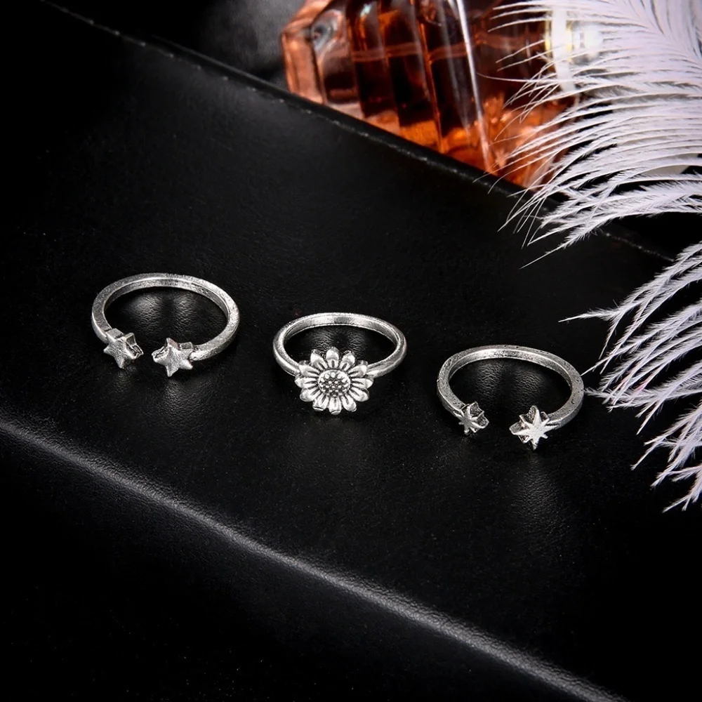 *ALIZ* 3-Pc Silver Star x Flower Fashion Ring Set